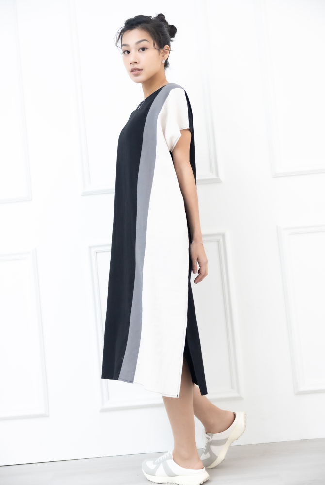 원피스 側下擺開衩洋裝 / 黑色拼灰色