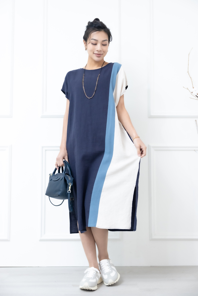 원피스 側下擺開衩洋裝 / 灰色拼淺灰色