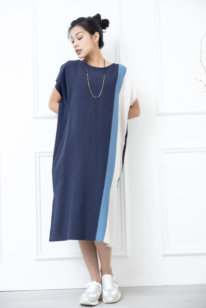 원피스 側下擺開衩洋裝 / 灰色拼淺灰色