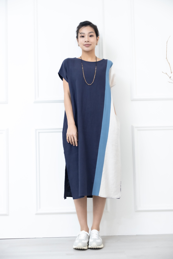 원피스 側下擺開衩洋裝 / 灰色拼淺灰色