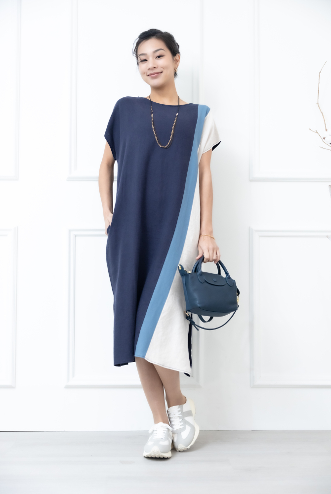 원피스 側下擺開衩洋裝 / 灰色拼淺灰色