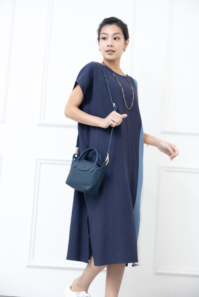 원피스 側下擺開衩洋裝 / 灰色拼淺灰色