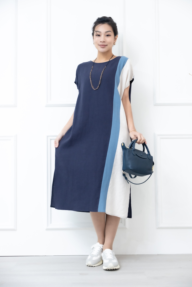 원피스 側下擺開衩洋裝 / 灰色拼淺灰色