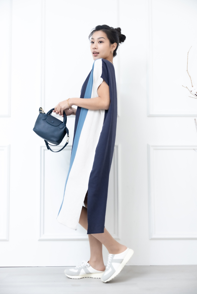 원피스 側下擺開衩洋裝 / 灰色拼淺灰色