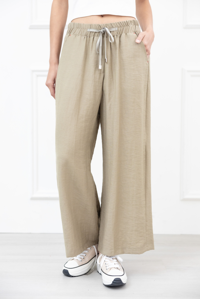 긴 바지 抽繩口袋紅色縫線直筒褲 / 淺綠色