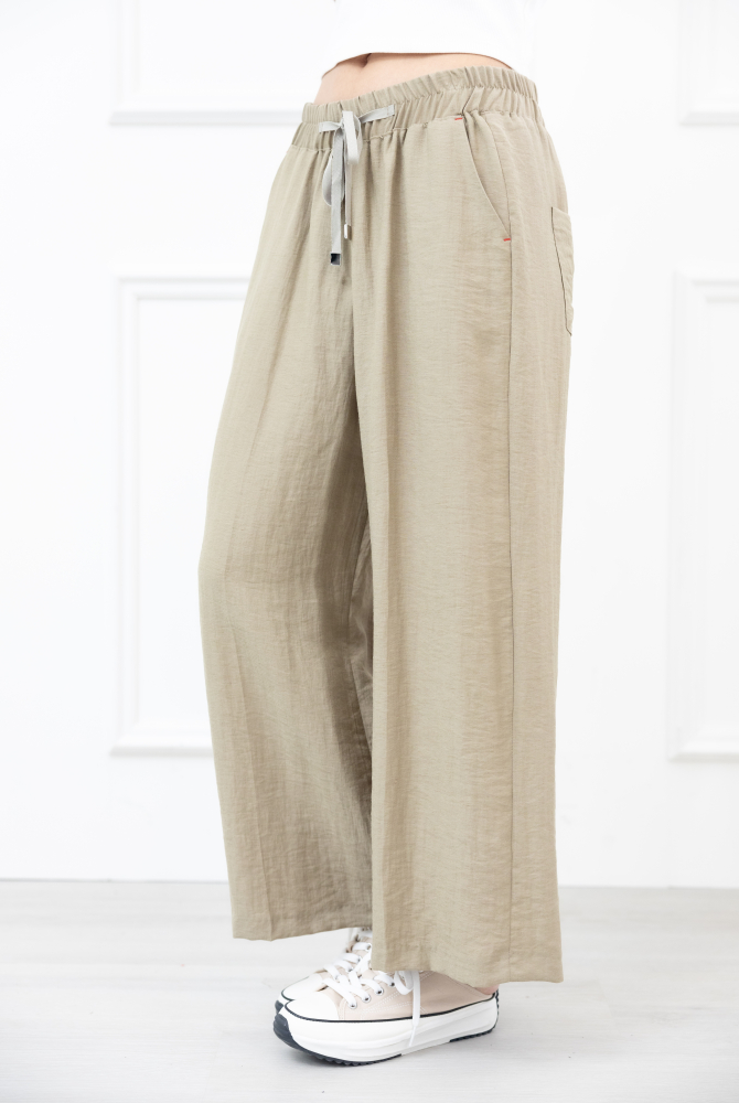 긴 바지 抽繩口袋紅色縫線直筒褲 / 淺綠色