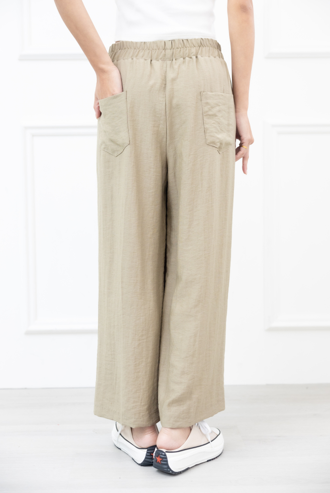 긴 바지 抽繩口袋紅色縫線直筒褲 / 淺綠色