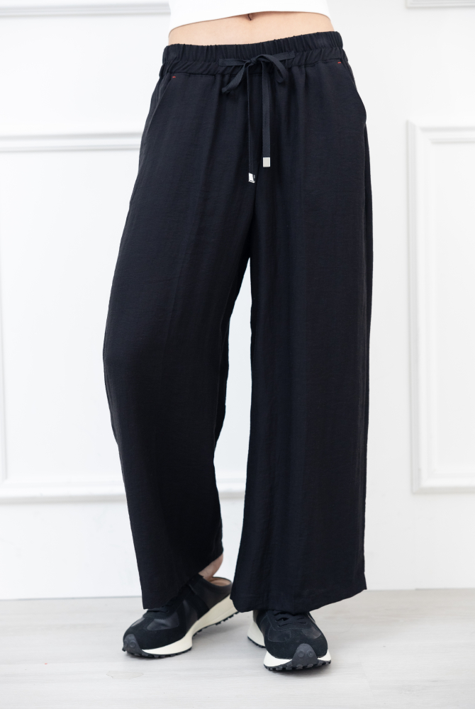 긴 바지 抽繩口袋紅色縫線直筒褲 / 黑色