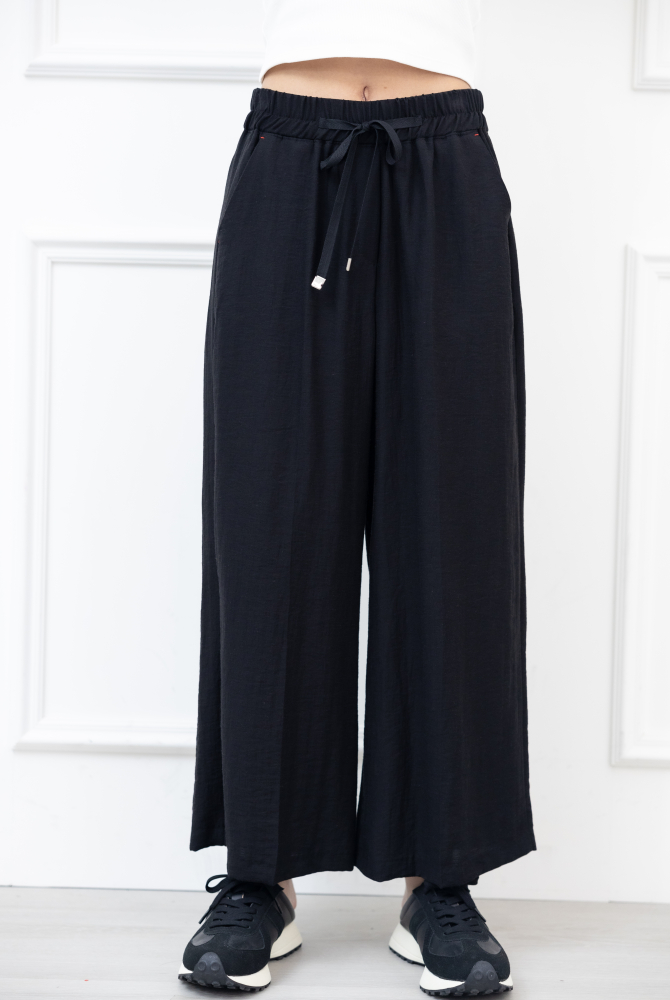 긴 바지 抽繩口袋紅色縫線直筒褲 / 黑色