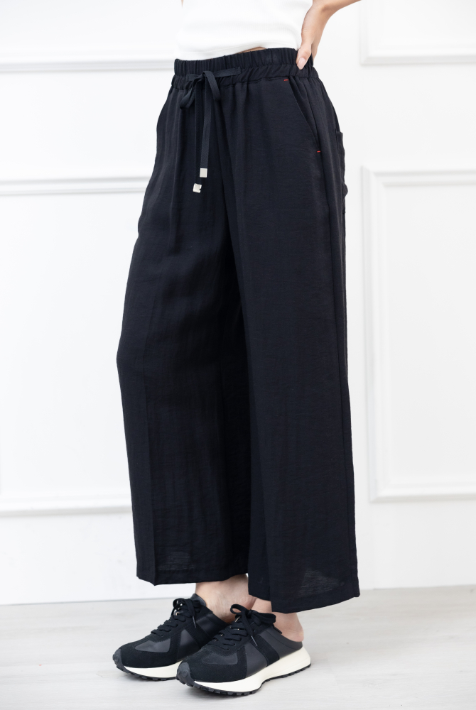 긴 바지 抽繩口袋紅色縫線直筒褲 / 黑色