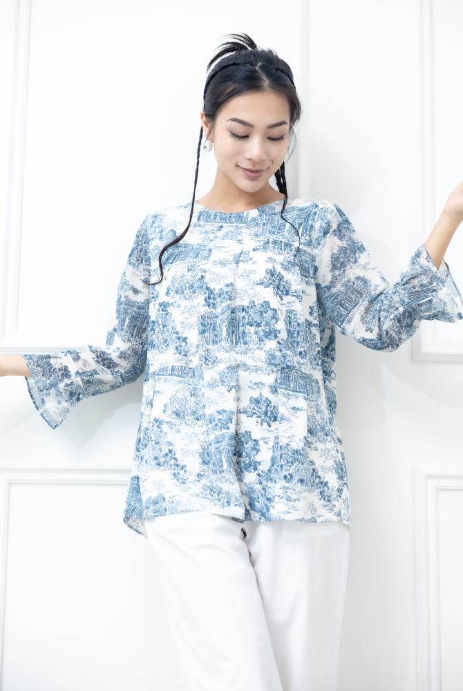 긴팔 藍色建築物喇叭袖長袖上衣 / 白色