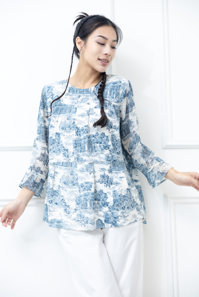 긴팔 藍色建築物喇叭袖長袖上衣 / 白色