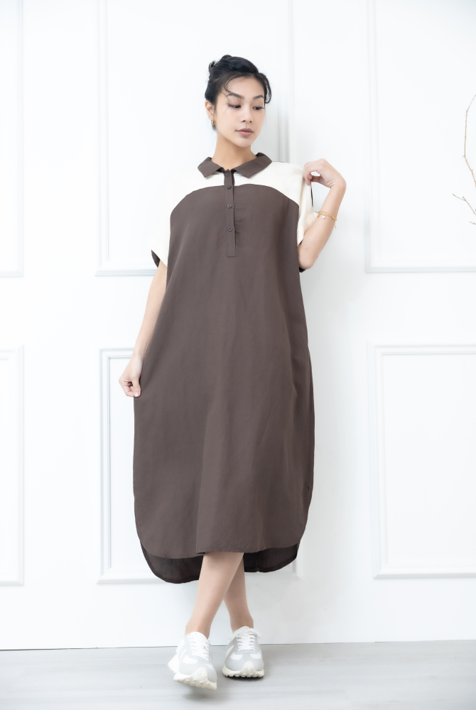 원피스 襯衫領肩膀拼接米白色短袖洋裝 / 咖啡色