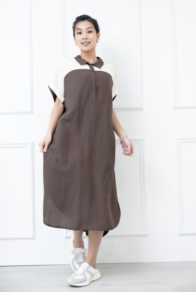 원피스 襯衫領肩膀拼接米白色短袖洋裝 / 咖啡色