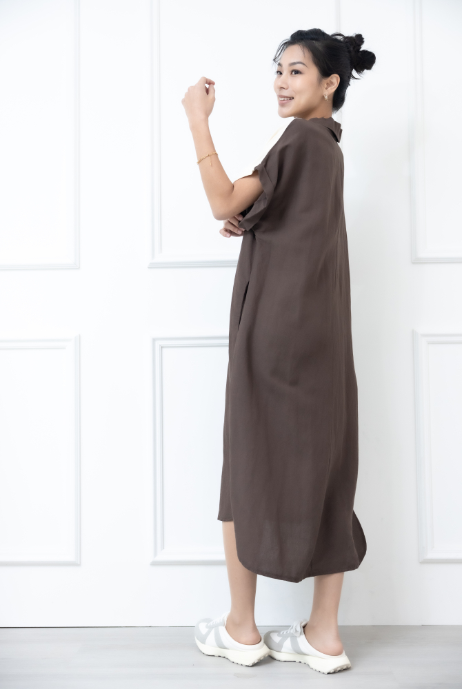 원피스 襯衫領肩膀拼接米白色短袖洋裝 / 咖啡色