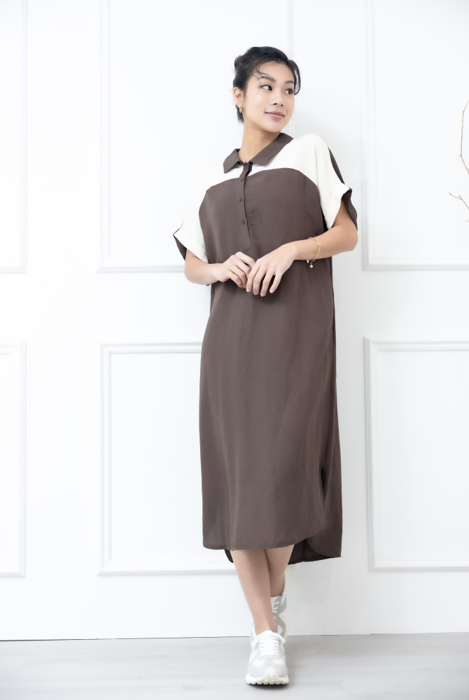 원피스 襯衫領肩膀拼接米白色短袖洋裝 / 咖啡色