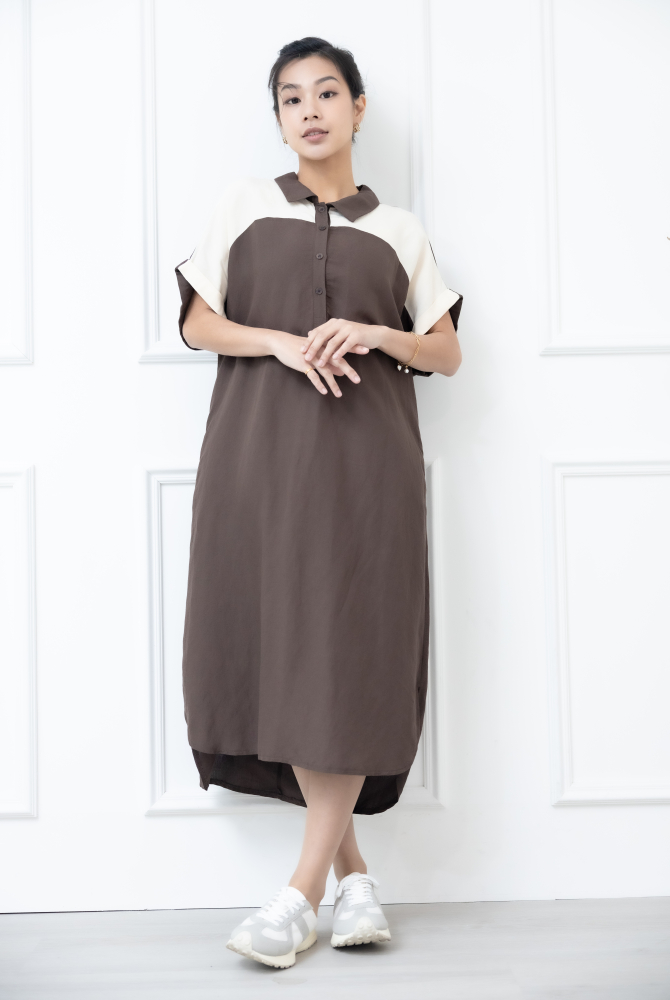 원피스 襯衫領肩膀拼接米白色短袖洋裝 / 咖啡色