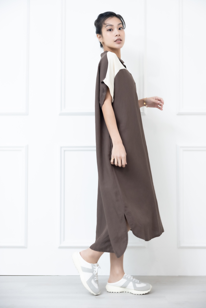 원피스 襯衫領肩膀拼接米白色短袖洋裝 / 咖啡色