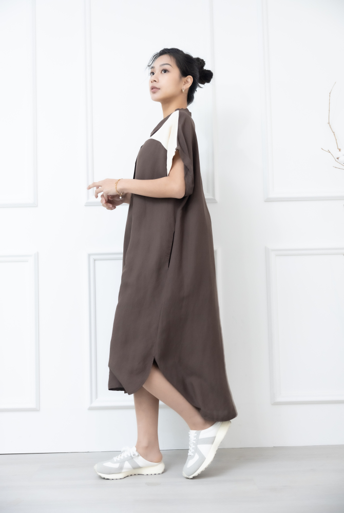 원피스 襯衫領肩膀拼接米白色短袖洋裝 / 咖啡色