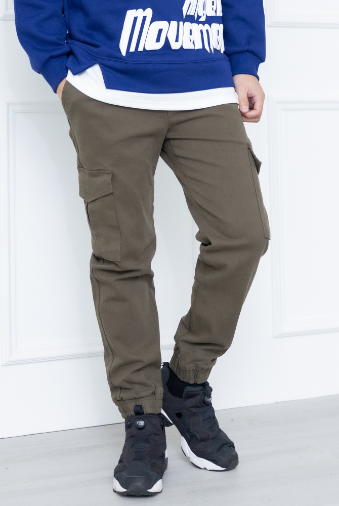 긴 바지 鬆緊合身大口袋長褲／墨綠色