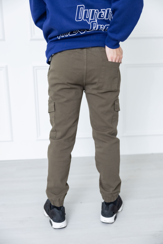 긴 바지 鬆緊合身大口袋長褲／墨綠色