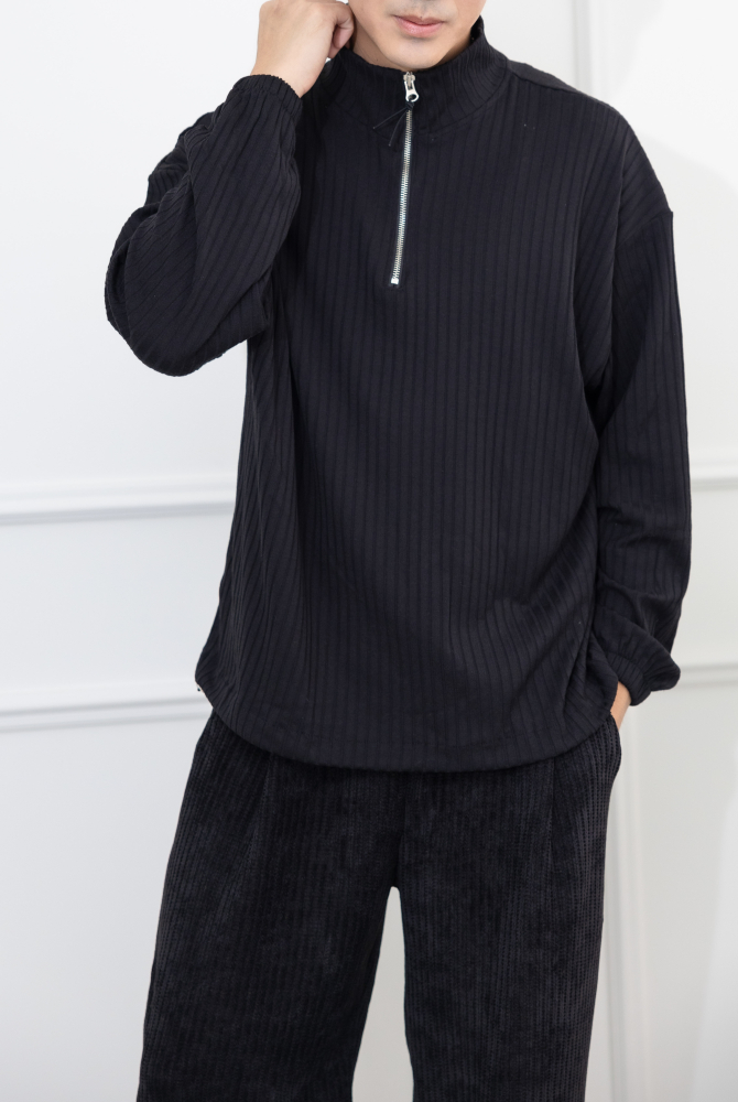 긴팔 半拉鍊直紋彈性長袖上衣／黑色