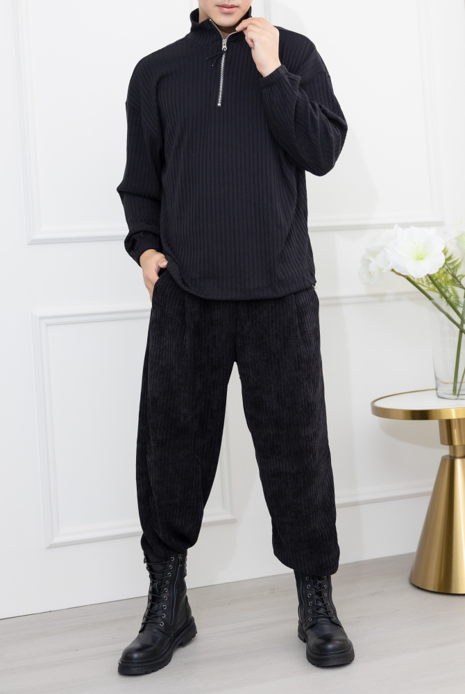 긴팔 半拉鍊直紋彈性長袖上衣／黑色