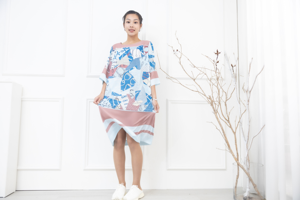 원피스 手帳素材拼接七分袖洋裝 / 淺藍色