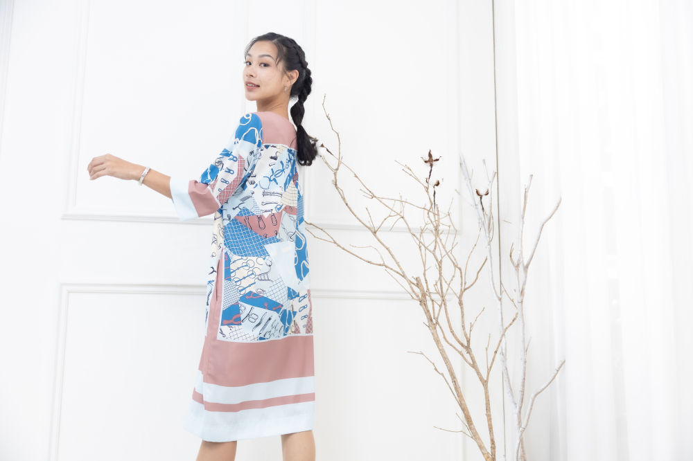 원피스 手帳素材拼接七分袖洋裝 / 淺藍色