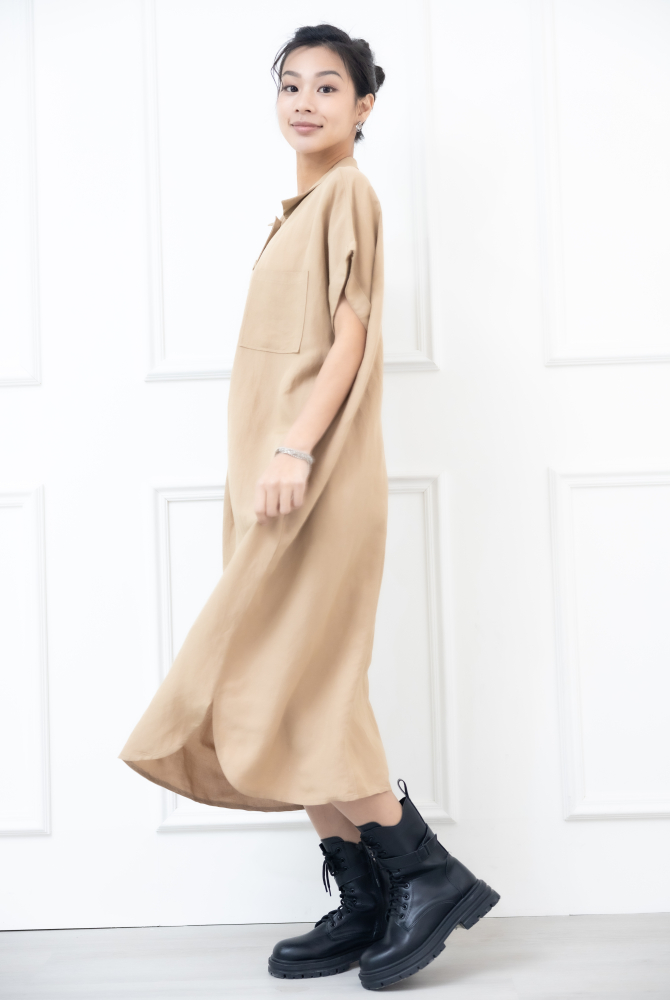 원피스 襯衫領胸前雙口袋短袖洋裝 / 卡其色