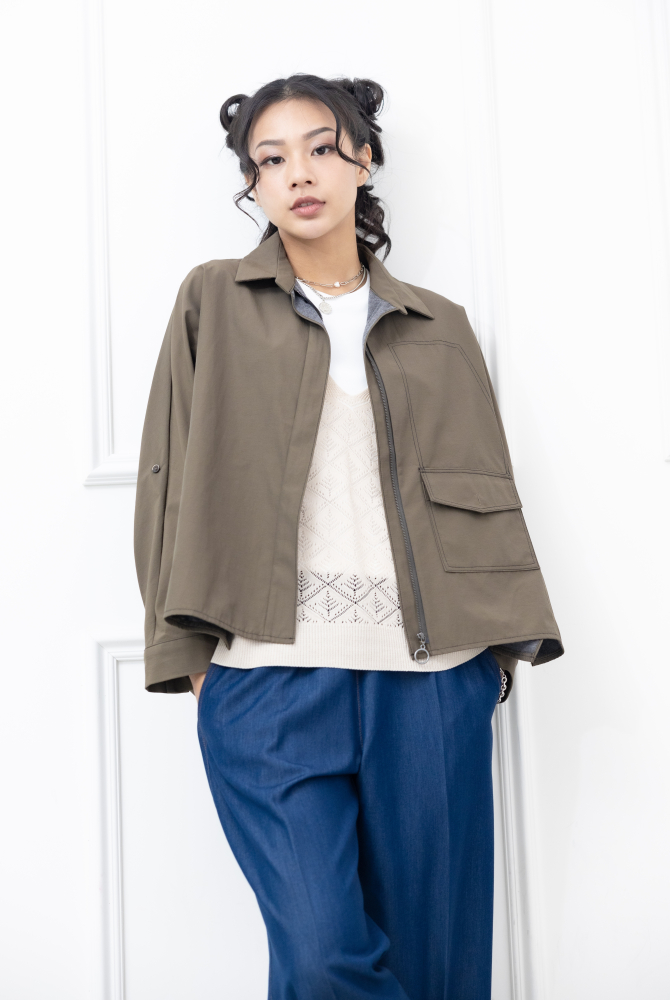 코트 襯衫領不規則剪裁外套 / 軍綠色