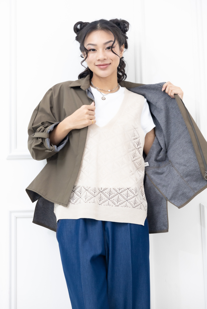 코트 襯衫領不規則剪裁外套 / 軍綠色