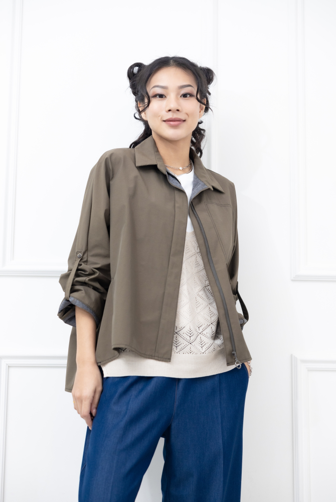 코트 襯衫領不規則剪裁外套 / 軍綠色