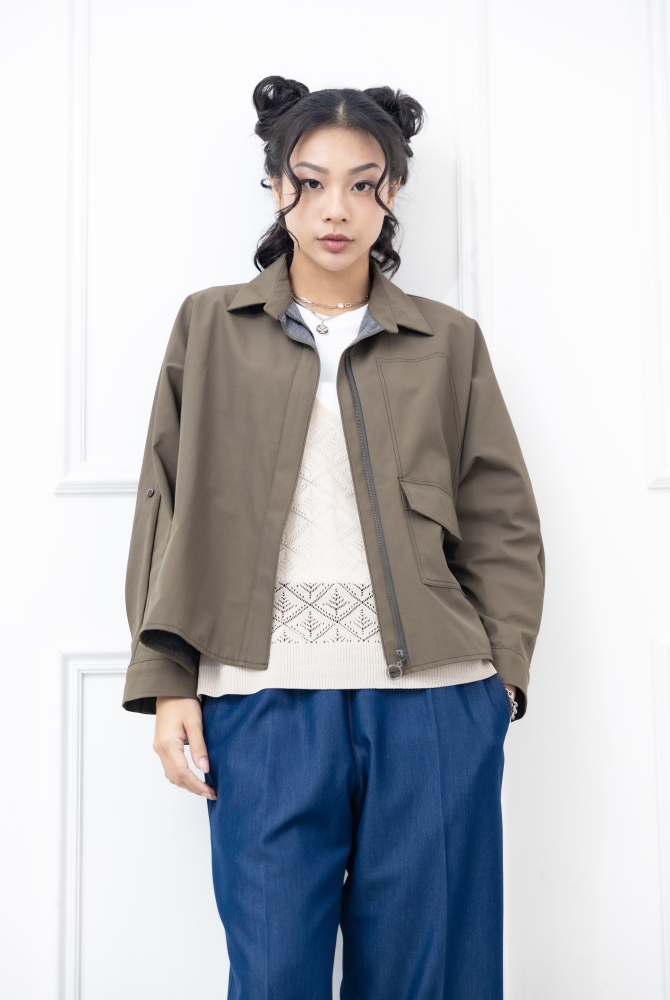 코트 襯衫領不規則剪裁外套 / 軍綠色