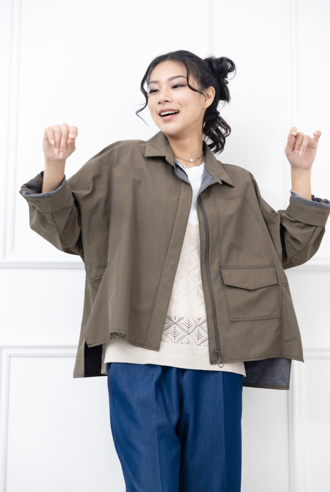 코트 襯衫領不規則剪裁外套 / 軍綠色