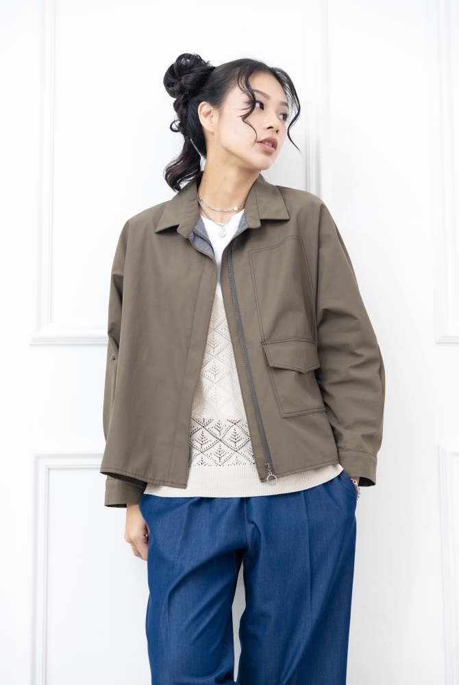 코트 襯衫領不規則剪裁外套 / 軍綠色