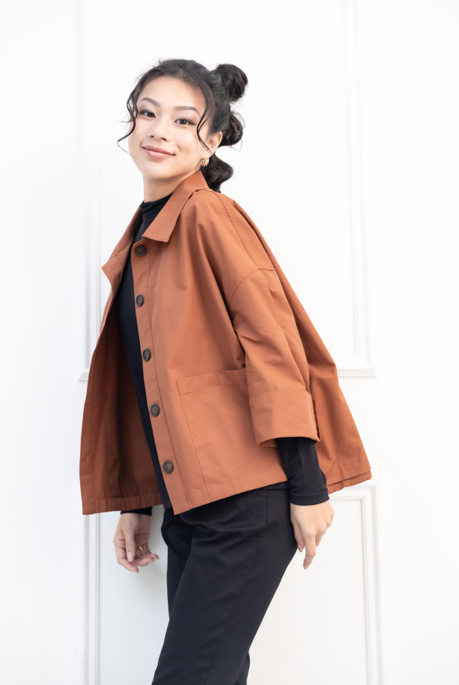 코트 雙口袋鈕扣短版外套 / 磚橘色