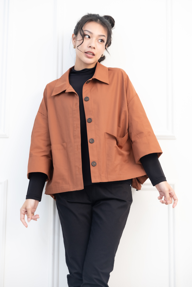 코트 雙口袋鈕扣短版外套 / 磚橘色