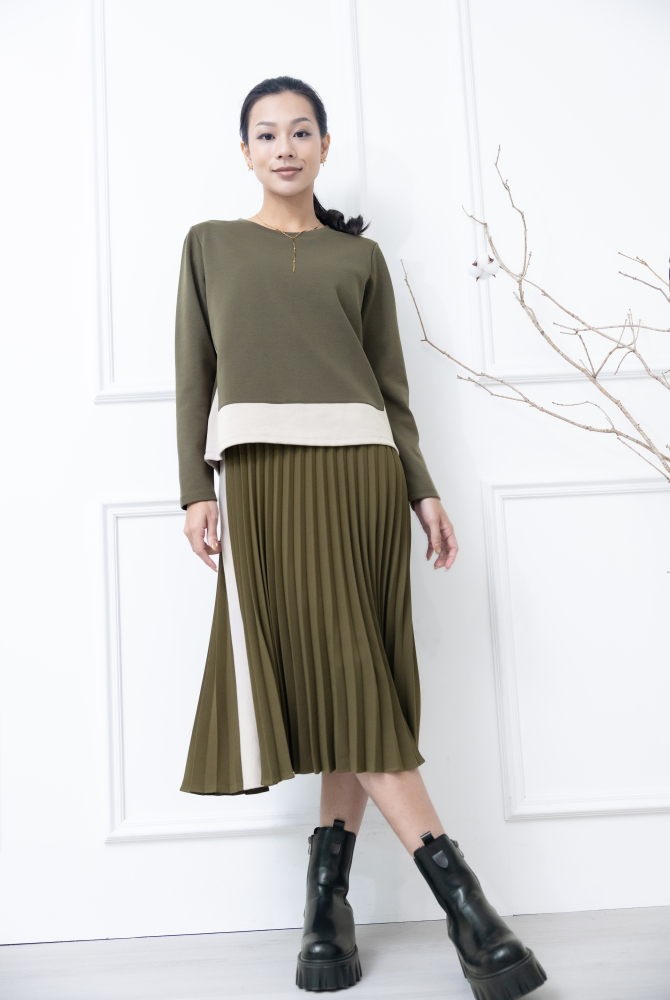 원피스 腰部兩側.百褶裙奶茶色線條假兩件式長袖洋裝 / 軍綠色