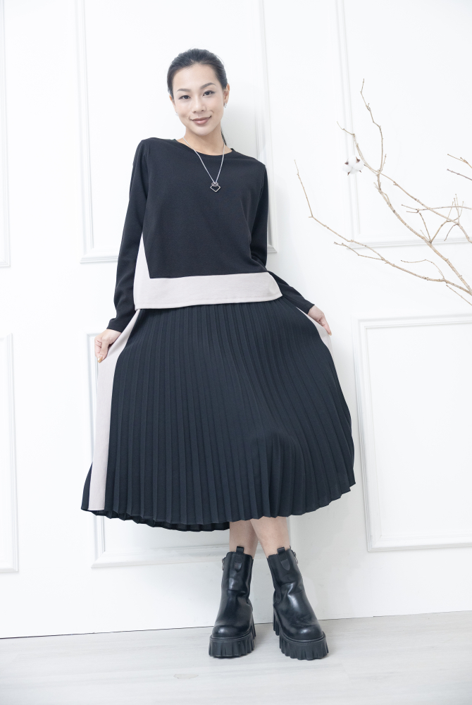 원피스 腰部兩側.百褶裙奶茶色線條假兩件式長袖洋裝 / 黑色