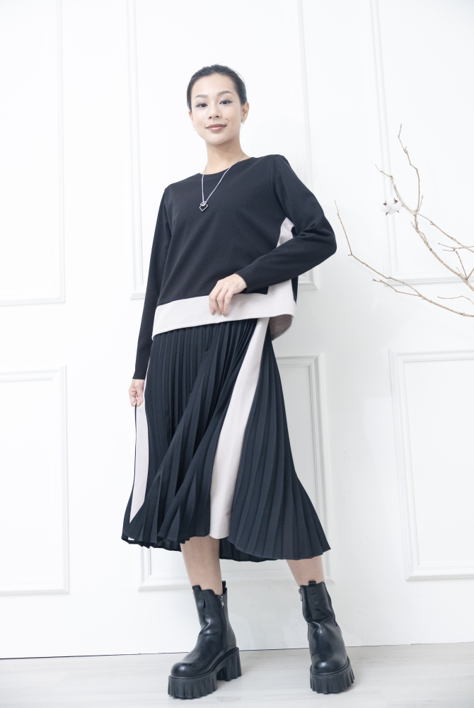 원피스 腰部兩側.百褶裙奶茶色線條假兩件式長袖洋裝 / 黑色