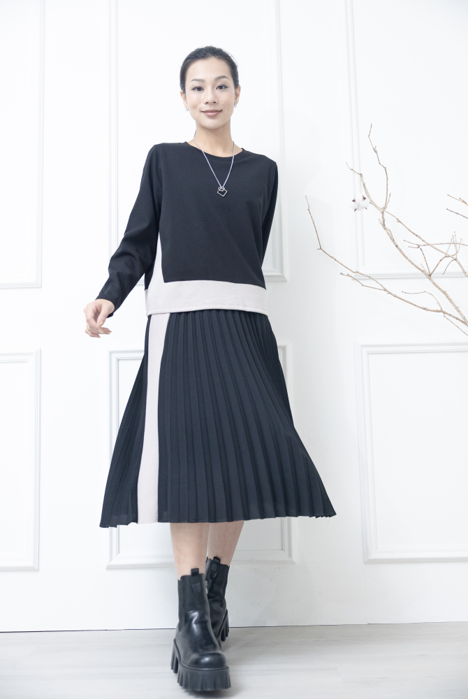 원피스 腰部兩側.百褶裙奶茶色線條假兩件式長袖洋裝 / 黑色