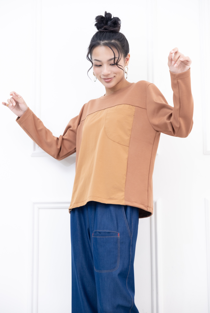 긴팔 異材質拼接抽繩長袖上衣 / 咖橘色