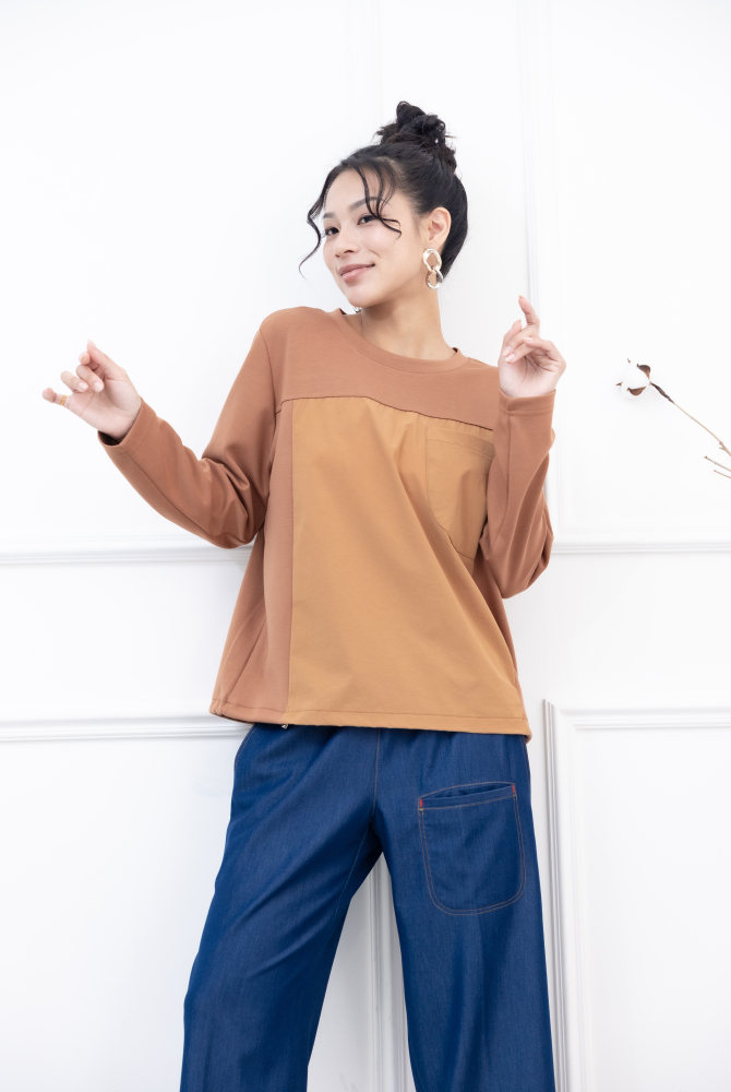 긴팔 異材質拼接抽繩長袖上衣 / 咖橘色