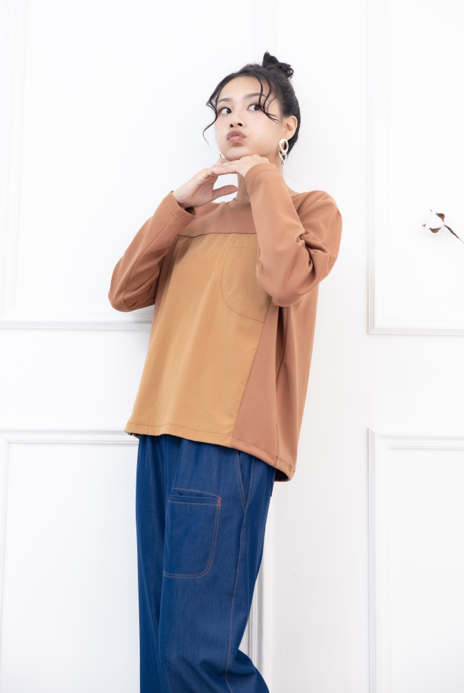 긴팔 異材質拼接抽繩長袖上衣 / 咖橘色
