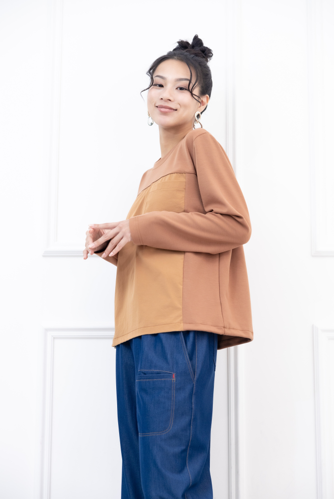 긴팔 異材質拼接抽繩長袖上衣 / 咖橘色