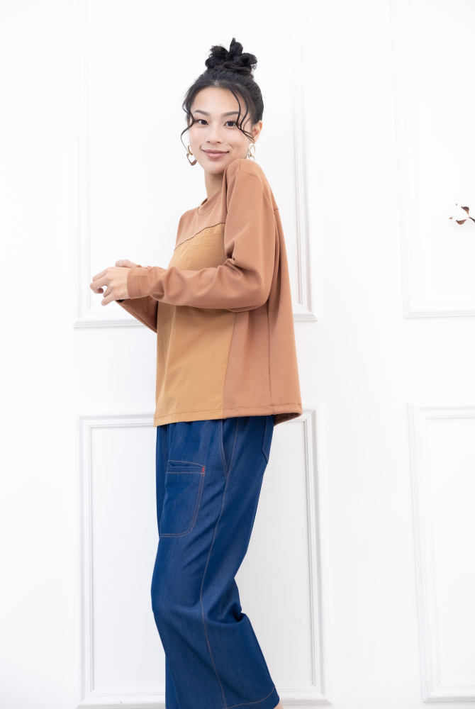 긴팔 異材質拼接抽繩長袖上衣 / 咖橘色