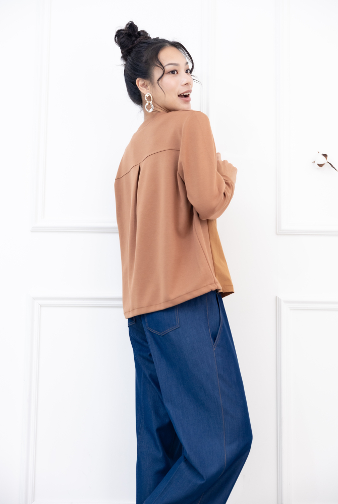 긴팔 異材質拼接抽繩長袖上衣 / 咖橘色