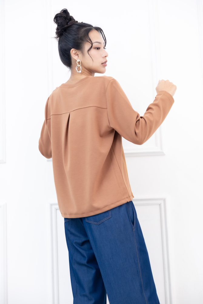 긴팔 異材質拼接抽繩長袖上衣 / 咖橘色