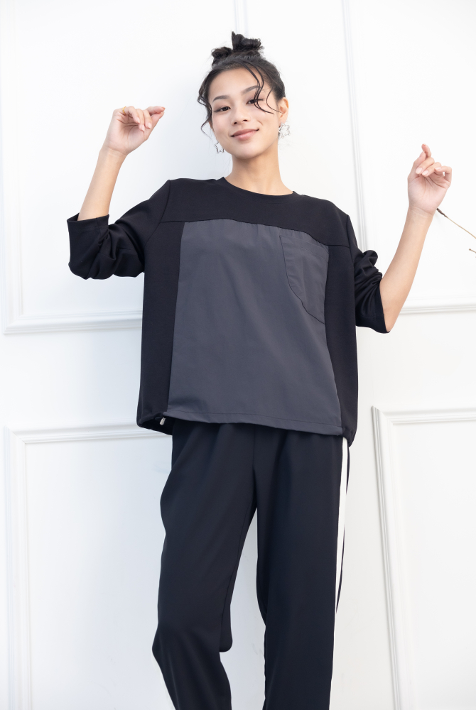 긴팔 異材質拼接抽繩長袖上衣 / 黑色